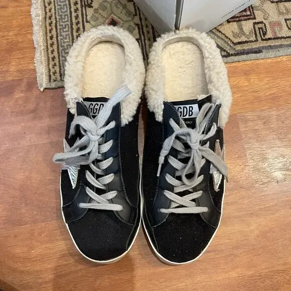 Golden Goose Sabot Shearling Lined Leather Slip On Sneakers Black White Size 10 - Picture 9 of 16